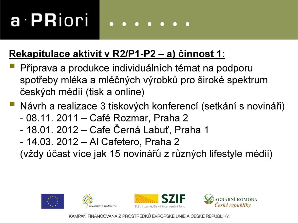 3 tiskových konferencí (setkání s novináři) - 08.11. 2011 Café Rozmar, Praha 2-18.01. 2012 Cafe Černá Labuť, Praha 1-14.