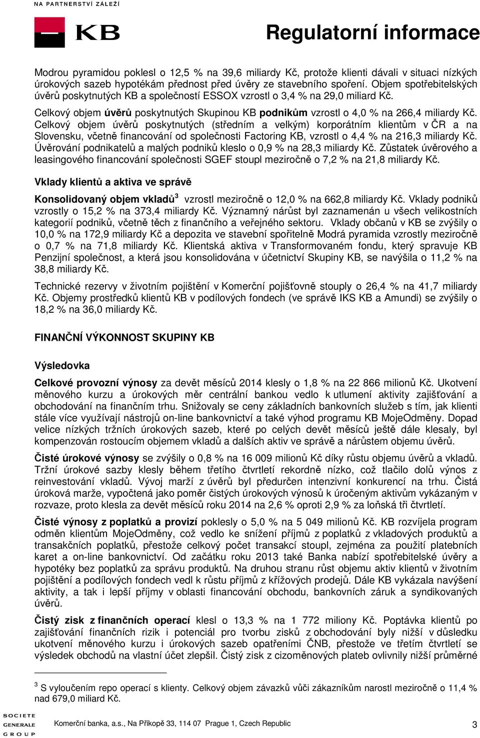 Celkový objem úvěrů poskytnutých (středním a velkým) korporátním klientům v ČR a na Slovensku, včetně financování od společnosti Factoring KB, vzrostl o 4,4 % na 216,3 miliardy Kč.