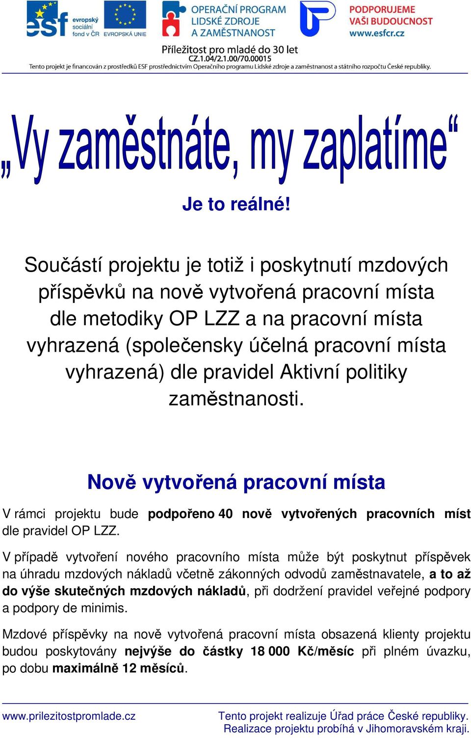 pravidel Aktivní politiky zaměstnanosti. Nově vytvořená pracovní místa V rámci projektu bude podpořeno 40 nově vytvořených pracovních míst dle pravidel OP LZZ.