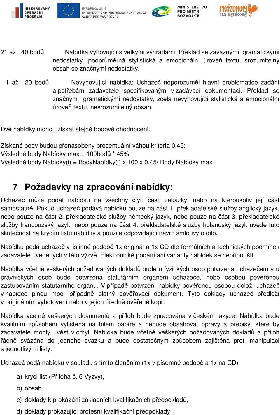 Překlad se značnými gramatickými nedostatky, zcela nevyhovující stylistická a emocionální úroveň textu, nesrozumitelný obsah. Dvě nabídky mohou získat stejné bodové ohodnocení.