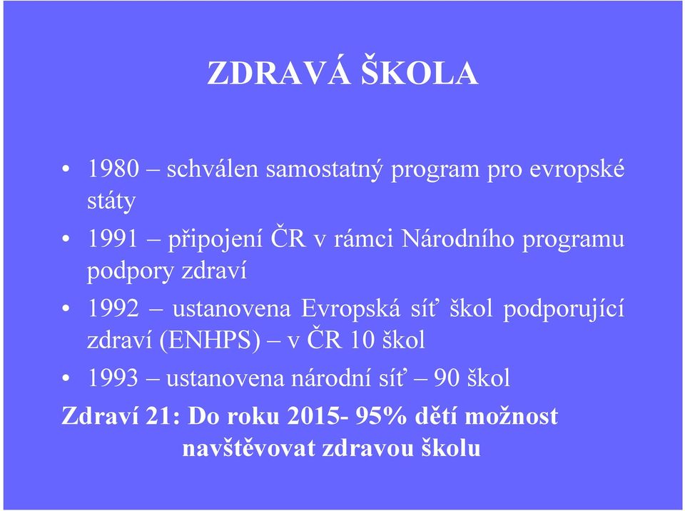Evropská síť škol podporující zdraví (ENHPS) v ČR 10 škol 1993 ustanovena