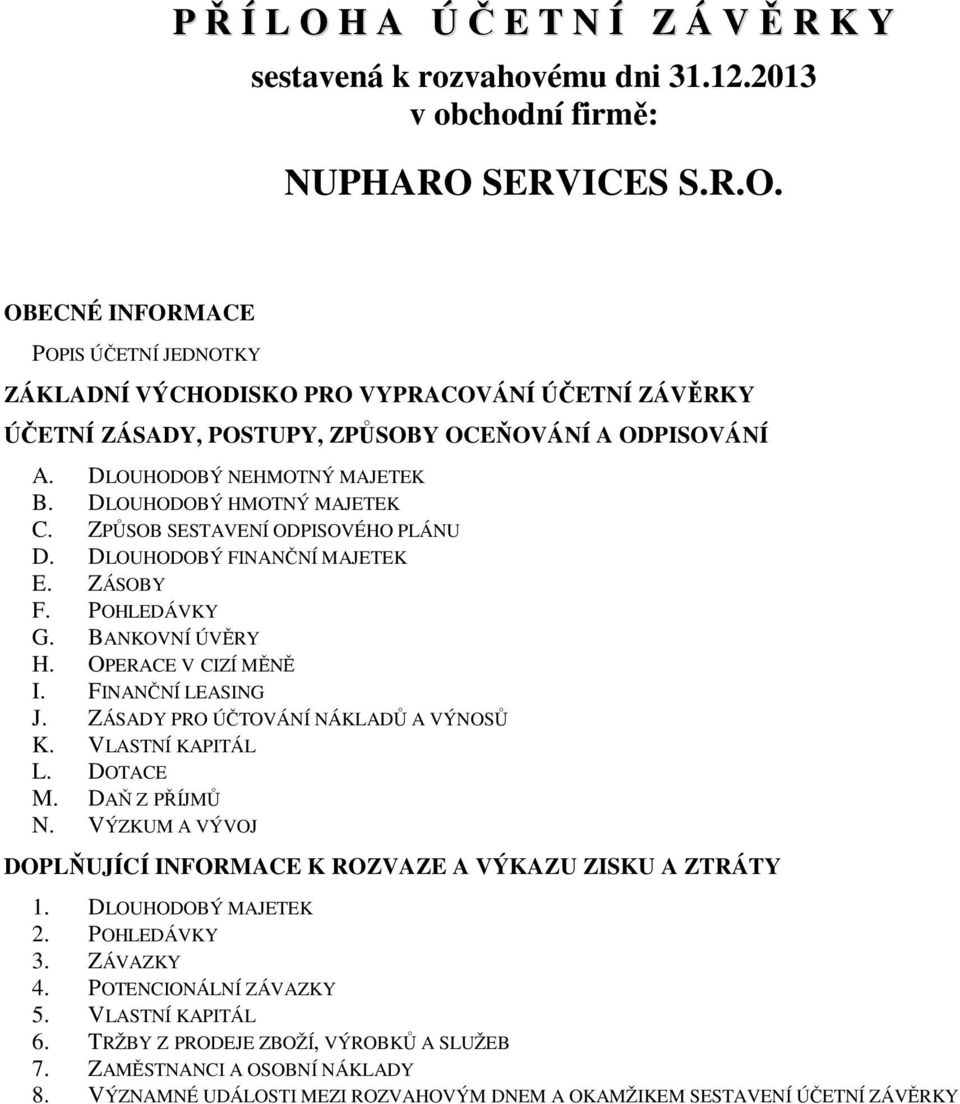 FINANČNÍ LEASING J. ZÁSADY PRO ÚČTOVÁNÍ NÁKLADŮ A VÝNOSŮ K. VLASTNÍ KAPITÁL L. DOTACE M. DAŇ Z PŘÍJMŮ N. VÝZKUM A VÝVOJ DOPLŇUJÍCÍ INFORMACE K ROZVAZE A VÝKAZU ZISKU A ZTRÁTY 1. DLOUHODOBÝ MAJETEK 2.