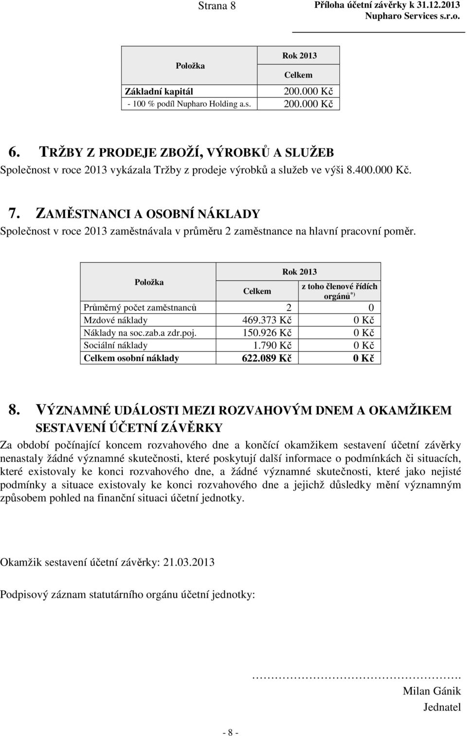 ZAMĚSTNANCI A OSOBNÍ NÁKLADY Společnost v roce 2013 zaměstnávala v průměru 2 zaměstnance na hlavní pracovní poměr.