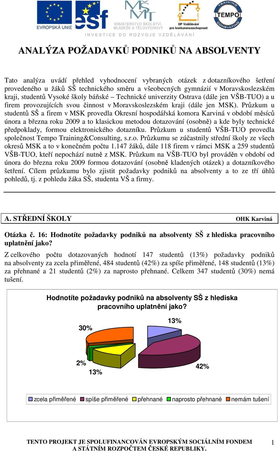 Průzkum u studentů SŠ a firem v MSK provedla Okresní hospodářská komora Karviná v období měsíců února a března roku 2009 a to klasickou metodou dotazování (osobně) a kde byly technické předpoklady,