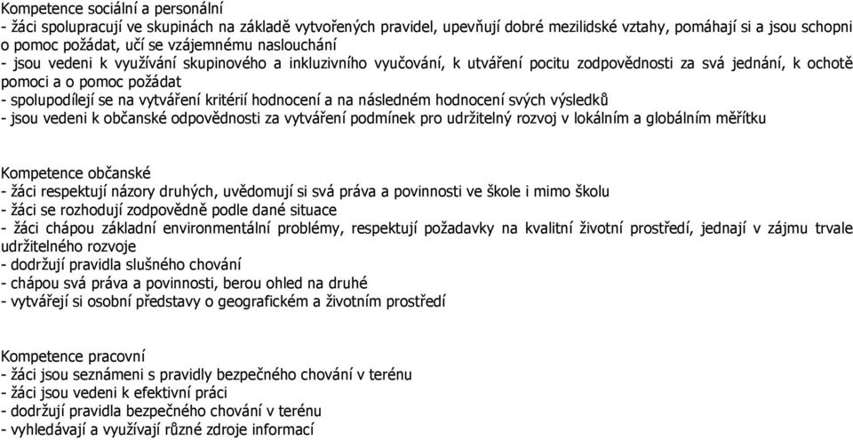 hodnocení a na následném hodnocení svých výsledků - jsou vedeni k občanské odpovědnosti za vytváření podmínek pro udržitelný rozvoj v lokálním a globálním měřítku Kompetence občanské - žáci