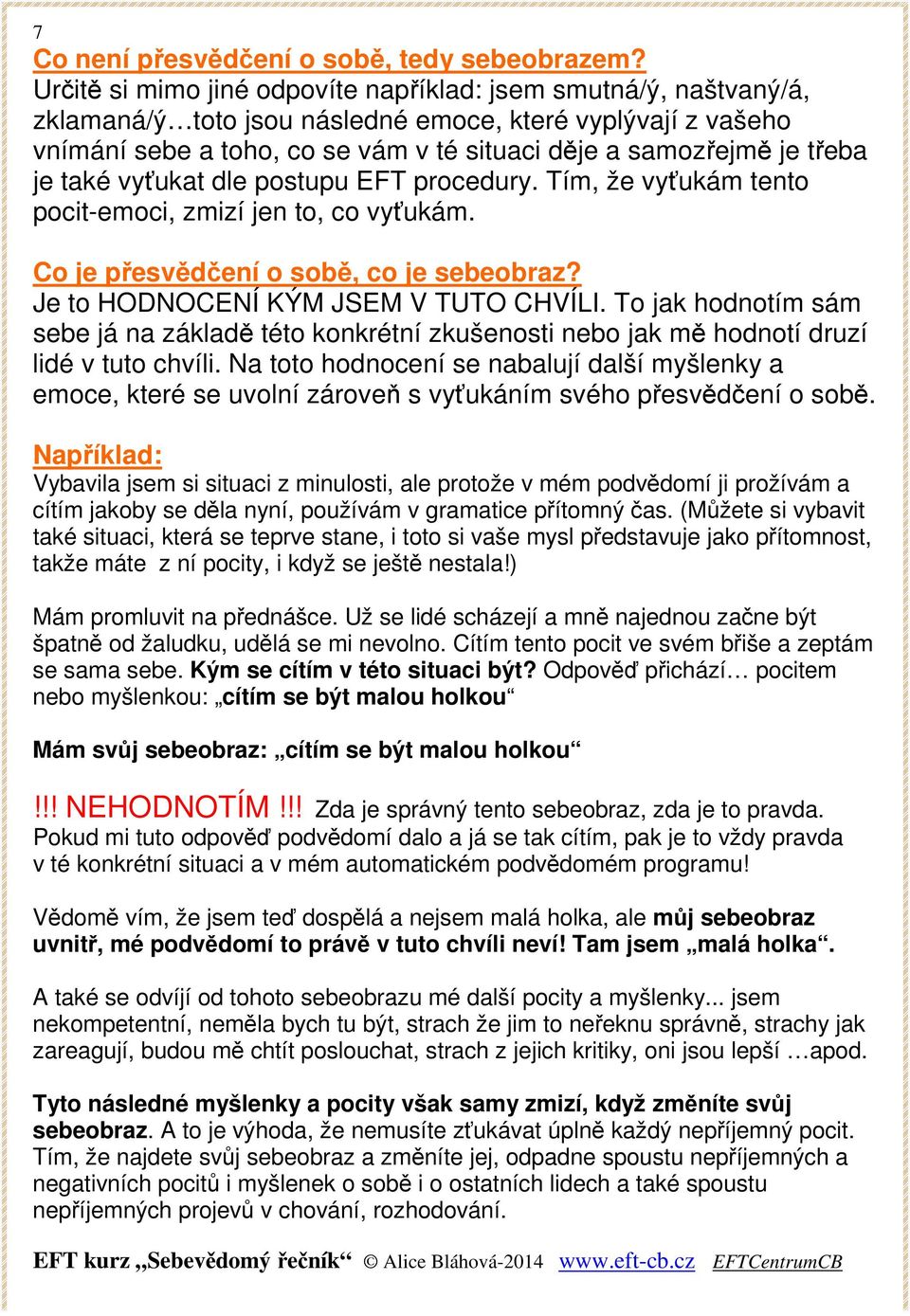 je také vyťukat dle postupu EFT procedury. Tím, že vyťukám tento pocit-emoci, zmizí jen to, co vyťukám. Co je přesvědčení o sobě, co je sebeobraz? Je to HODNOCENÍ KÝM JSEM V TUTO CHVÍLI.