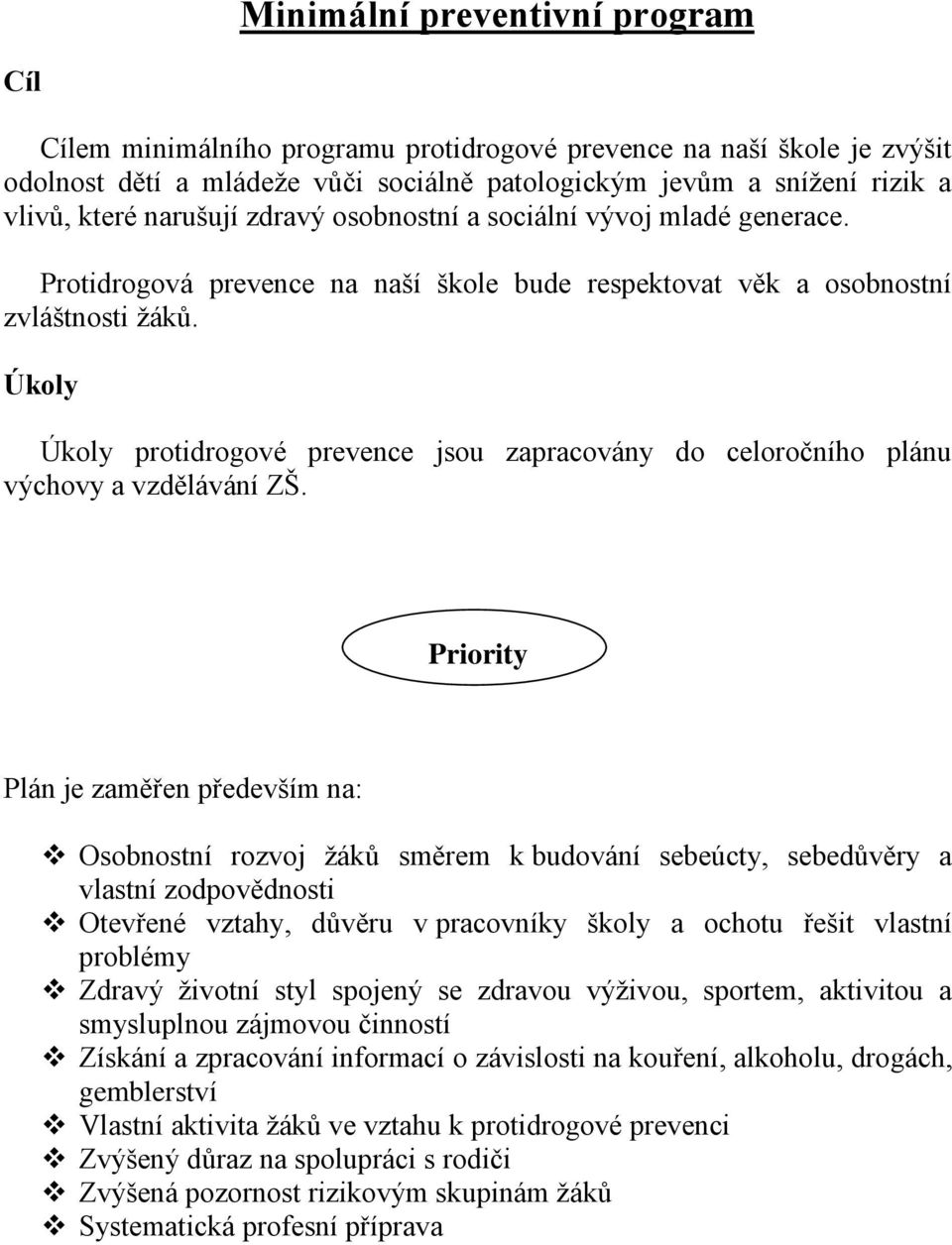 Úkoly Úkoly protidrogové prevence jsou zapracovány do celoročního plánu výchovy a vzdělávání ZŠ.