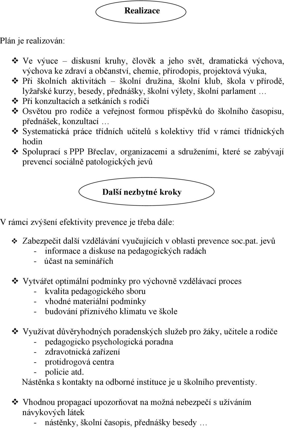 školního časopisu, přednášek, konzultací Systematická práce třídních učitelů s kolektivy tříd v rámci třídnických hodin Spoluprací s PPP Břeclav, organizacemi a sdruženími, které se zabývají prevencí