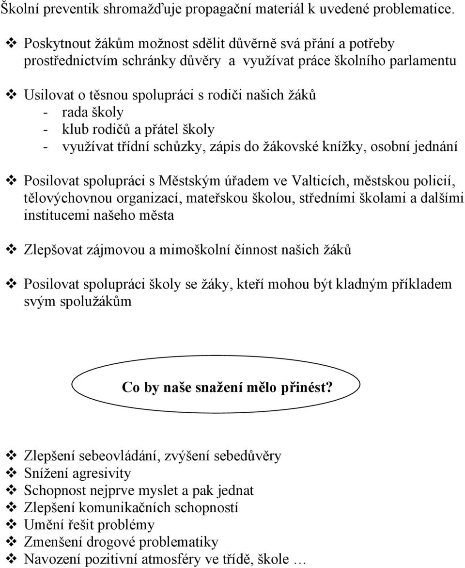 rodičů a přátel školy - využívat třídní schůzky, zápis do žákovské knížky, osobní jednání Posilovat spolupráci s Městským úřadem ve Valticích, městskou policií, tělovýchovnou organizací, mateřskou