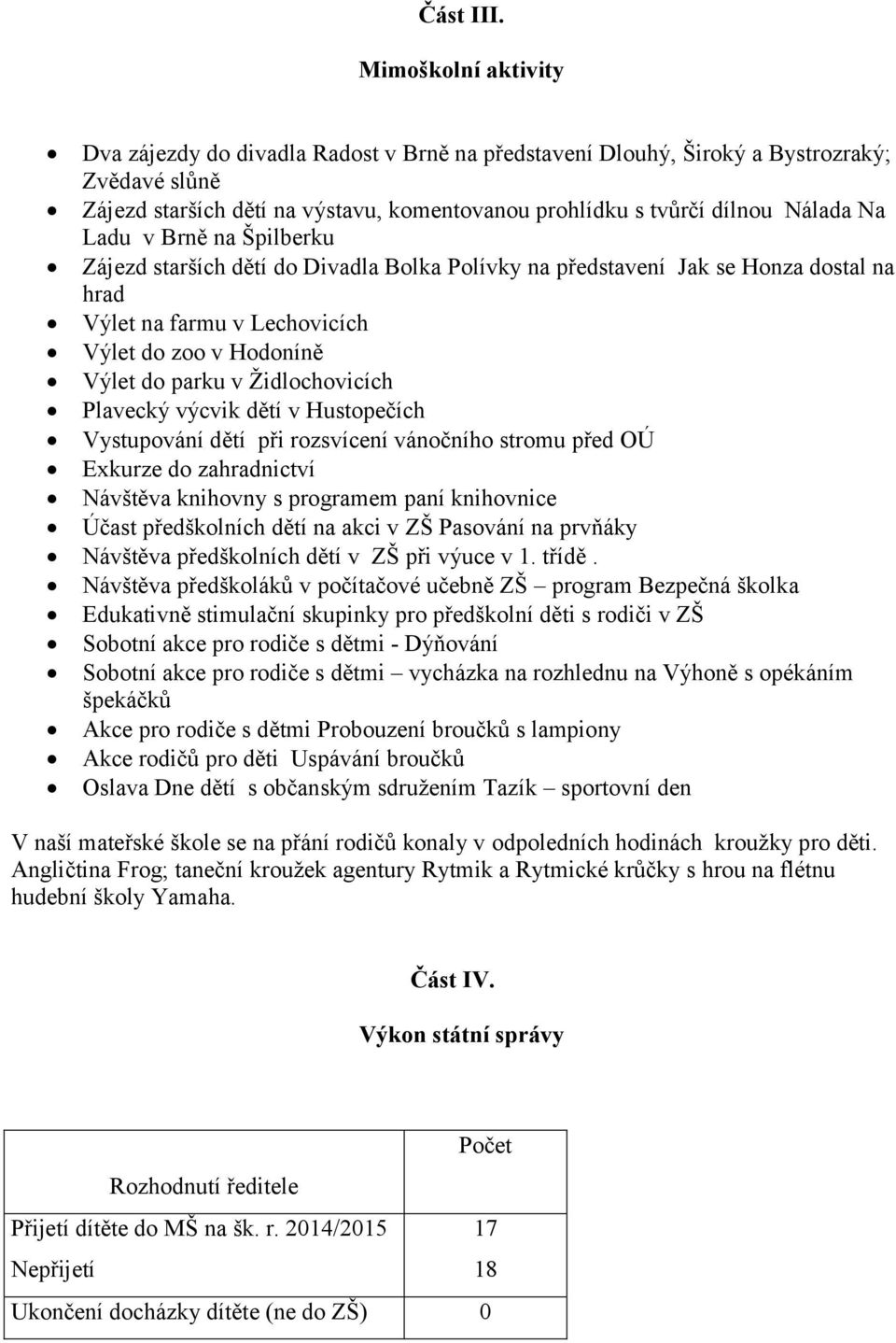 Ladu v Brně na Špilberku Zájezd starších dětí do Divadla Bolka Polívky na představení Jak se Honza dostal na hrad Výlet na farmu v Lechovicích Výlet do zoo v Hodoníně Výlet do parku v Židlochovicích