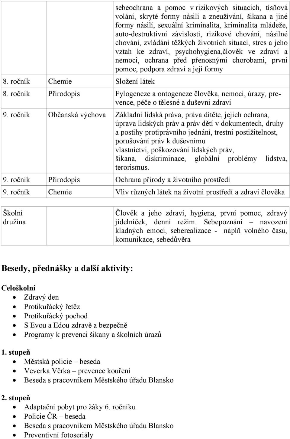 chorobami, první pomoc, podpora zdraví a její formy 8. ročník Přírodopis Fylogeneze a ontogeneze člověka, nemoci, úrazy, prevence, péče o tělesné a duševní zdraví 9.