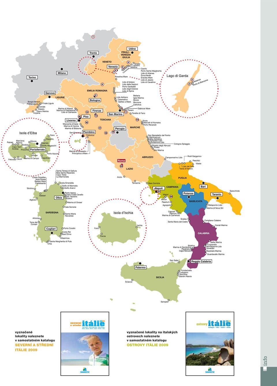 vyznačené lokality na italských ostrovech