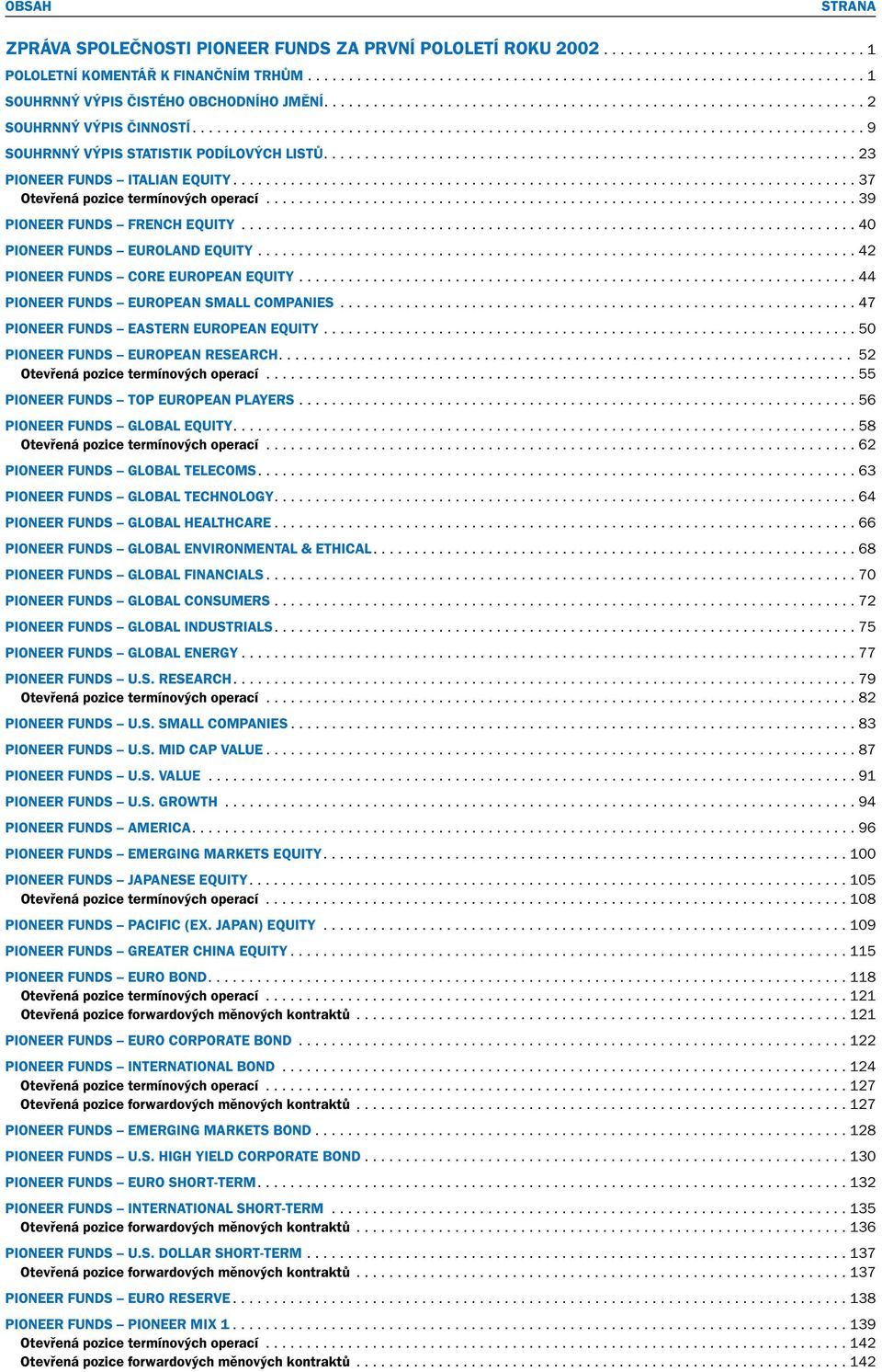 ................................................................ 23 PIONEER FUNDS ITALIAN EQUITY............................................................................ 37 Otevfiená pozice termínov ch operací.