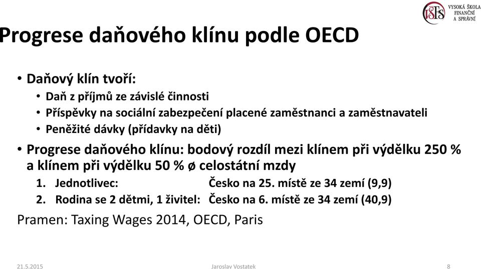 při výdělku 250 % a klínem při výdělku 50 % ø celostátní mzdy 1. Jednotlivec: Česko na 25. místě ze 34 zemí (9,9) 2.