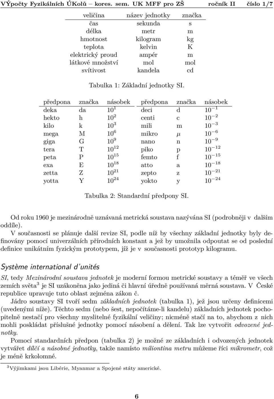 2 mili m 10 3 mikro µ 10 6 nano n 10 9 piko p 10 12 femto f 10 15 atto a 10 18 zepto z 10 21 yokto y 10 24 Tabulka 2: Standardní předpony SI.
