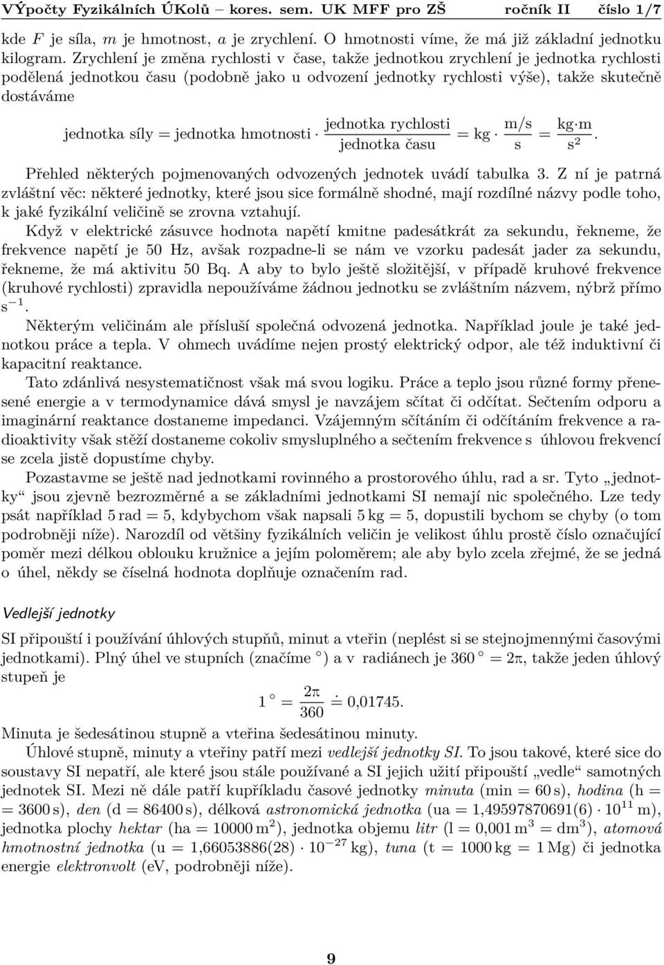 = jednotka hmotnosti jednotka rychlosti jednotka času = kg m/s s = kg m s 2. Přehled některých pojmenovaných odvozených jednotek uvádí tabulka 3.