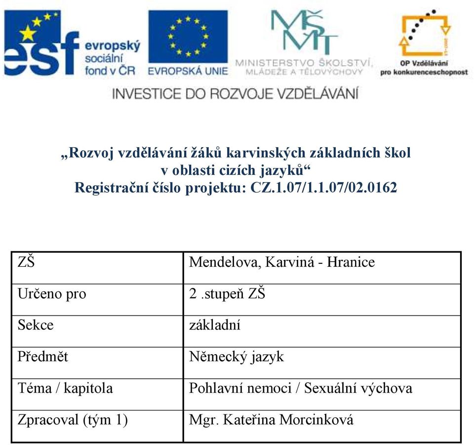 0162 ZŠ Určeno pro Sekce Předmět Téma / kapitola Zpracoval (tým 1) Mendelova,