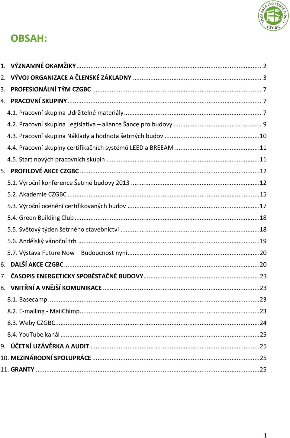 1. Výroční konference Šetrné budovy 2013...12 5.2. Akademie CZGBC...15 5.3. Výroční ocenění certifikovaných budov...17 5.4. Green Building Club...18 5.5. Světový týden šetrného stavebnictví...18 5.6.