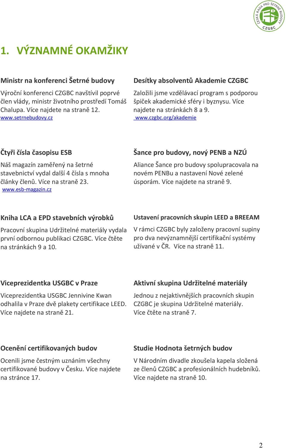 org/akademie Čtyři čísla časopisu ESB Náš magazín zaměřený na šetrné stavebnictví vydal další 4 čísla s mnoha články členů. Více na straně 23. www.esb-magazin.