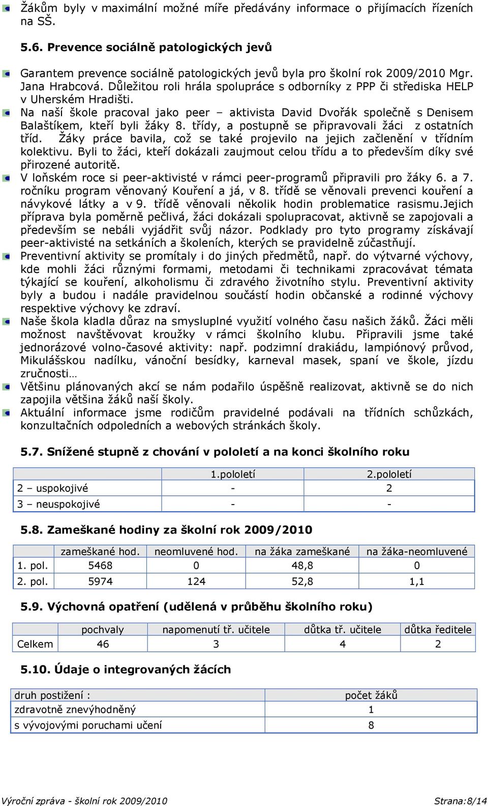 Důležitou roli hrála spolupráce s odborníky z PPP či střediska HELP v Uherském Hradišti. Na naší škole pracoval jako peer aktivista David Dvořák společně s Denisem Balaštíkem, kteří byli žáky 8.