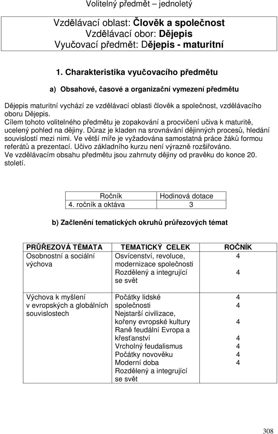 Cílem tohoto volitelného pedmtu je zopakování a procviení uiva k maturit, ucelený pohled na djiny. Draz je kladen na srovnávání djinných proces, hledání souvislostí mezi nimi.