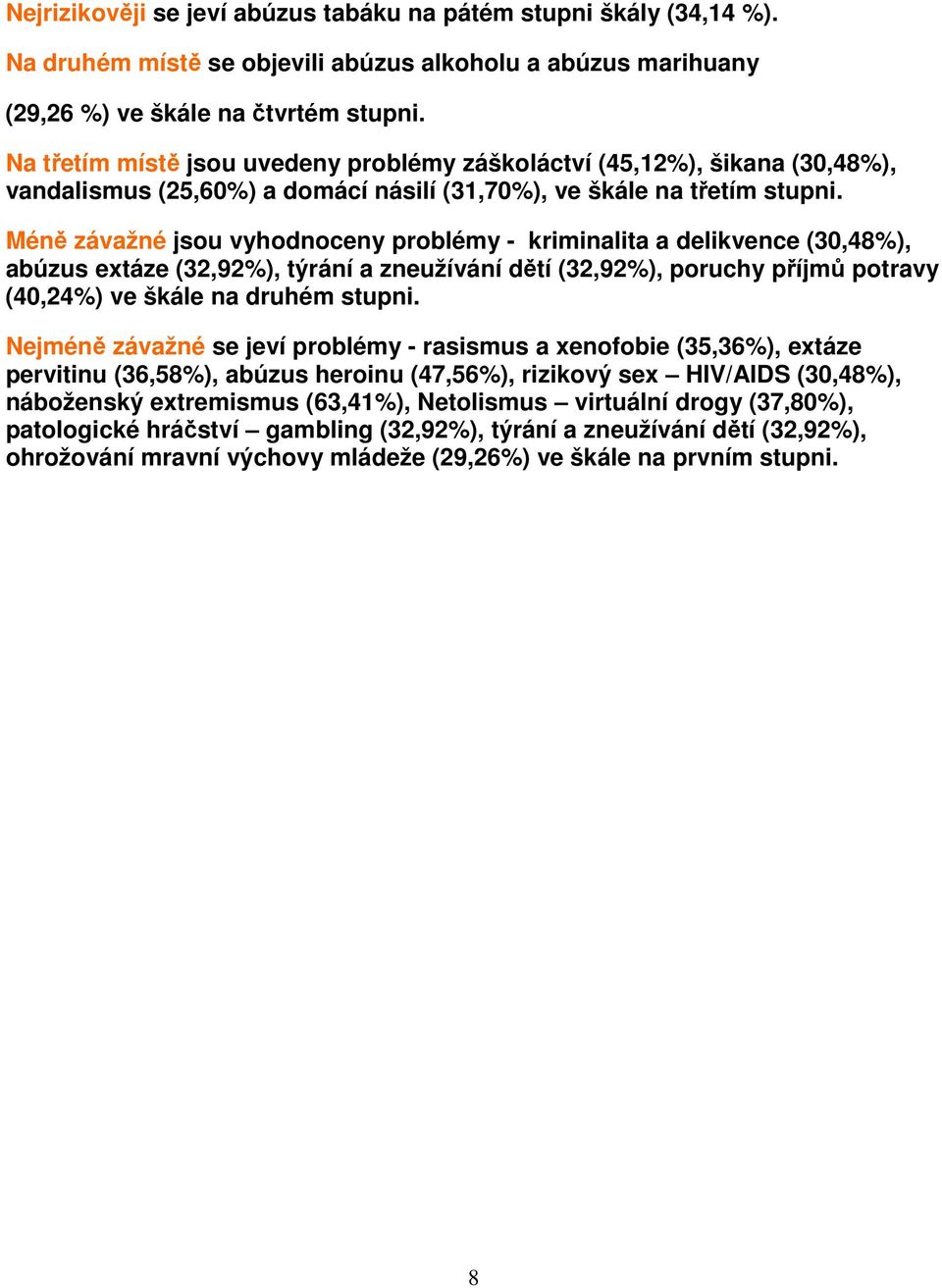 Méně závažné jsou vyhodnoceny problémy - kriminalita a delikvence (30,48%), abúzus extáze (32,92%), týrání a zneužívání dětí (32,92%), poruchy příjmů potravy (40,24%) ve škále na druhém stupni.