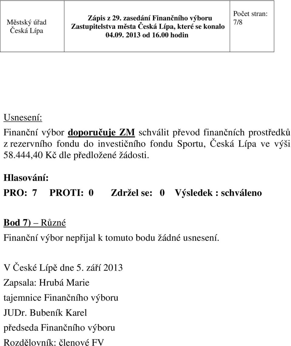 Bod 7) Různé Finanční výbor nepřijal k tomuto bodu žádné usnesení. V České Lípě dne 5.