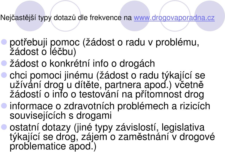 (žádost o radu týkající se užívání drog u dítěte, partnera apod.