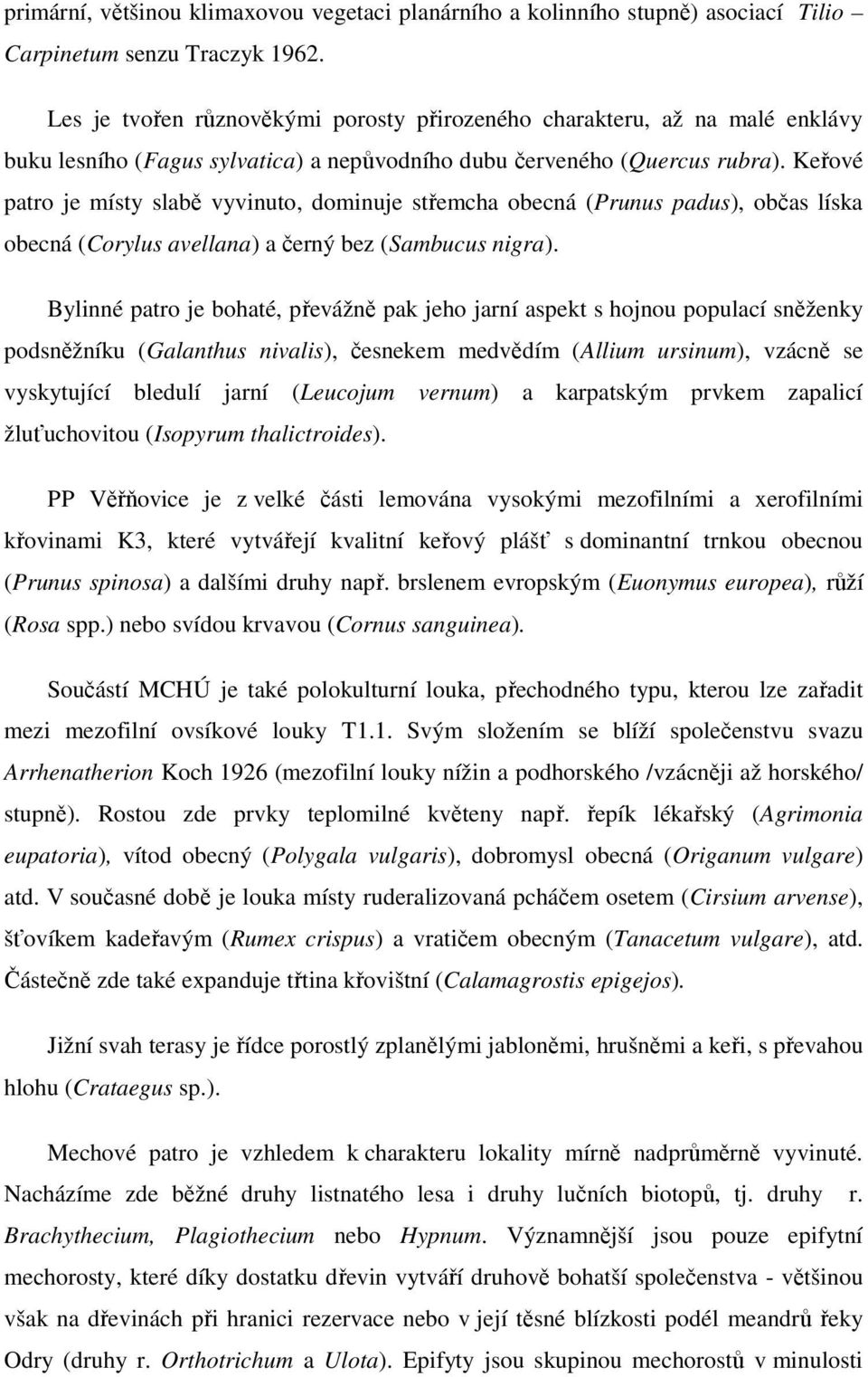 Keřové patro je místy slabě vyvinuto, dominuje střemcha obecná (Prunus padus), občas líska obecná (Corylus avellana) a černý bez (Sambucus nigra).