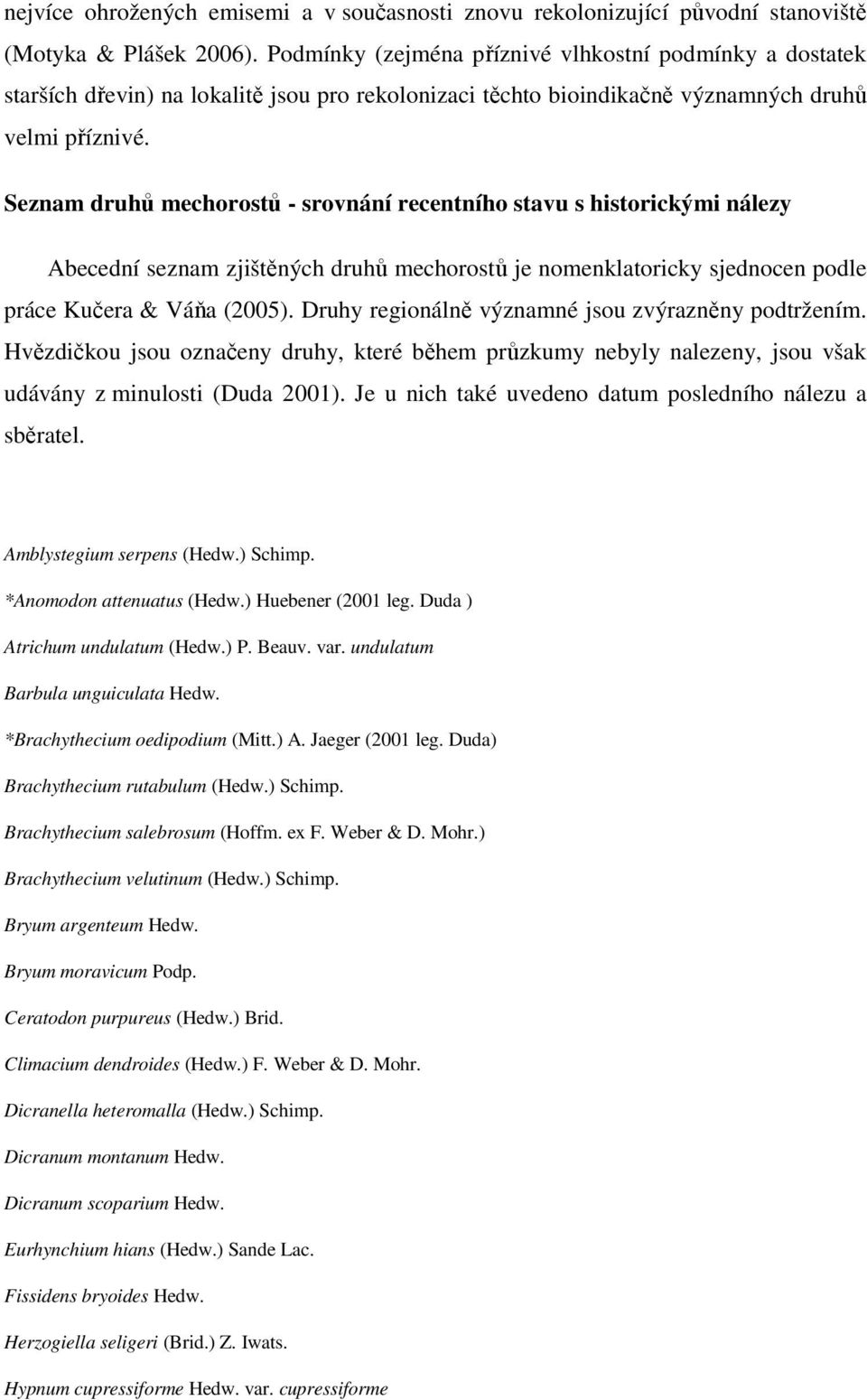 Seznam druhů mechorostů - srovnání recentního stavu s historickými nálezy Abecední seznam zjištěných druhů mechorostů je nomenklatoricky sjednocen podle práce Kučera & Váňa (2005).