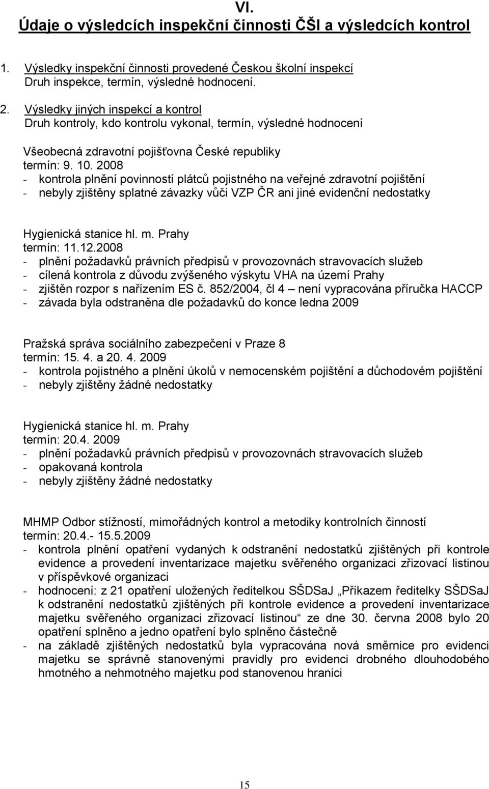 2008 - kontrola plnění povinností plátců pojistného na veřejné zdravotní pojištění - nebyly zjištěny splatné závazky vůči VZP ČR ani jiné evidenční nedostatky Hygienická stanice hl. m.