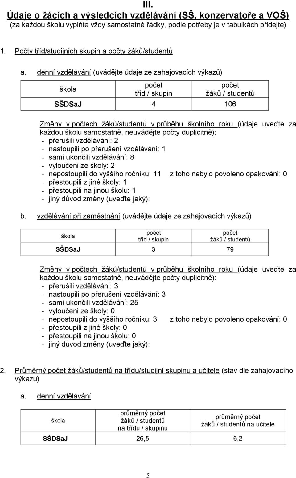 denní vzdělávání (uvádějte údaje ze zahajovacích výkazů) škola tříd / skupin ţáků / studentů SŠDSaJ 4 106 Změny v počtech ţáků/studentů v průběhu školního roku (údaje uveďte za kaţdou školu