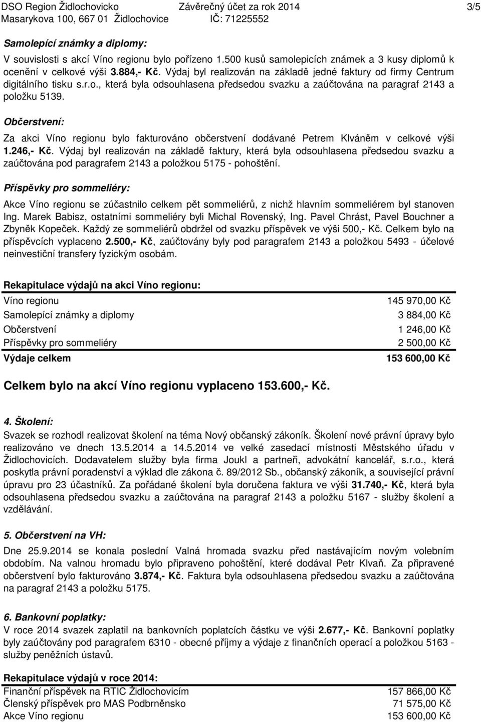 Občerstvení: Za akci Víno regionu bylo fakturováno občerstvení dodávané Petrem Klváněm v celkové výši 1.246,- Kč.