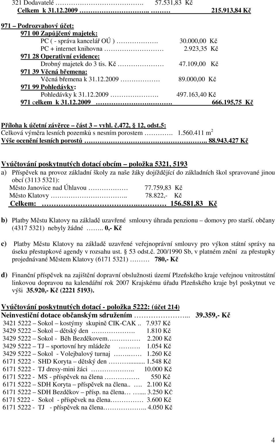 163,40 Kč 971 celkem k 31.12.2009.. 666.195,75 Kč Příloha k účetní závěrce část 3 vyhl. č.472, 12, odst.5: Celková výměra lesních pozemků s nesním porostem. 1.560.411 m 2 Výše ocenění lesních porostů.