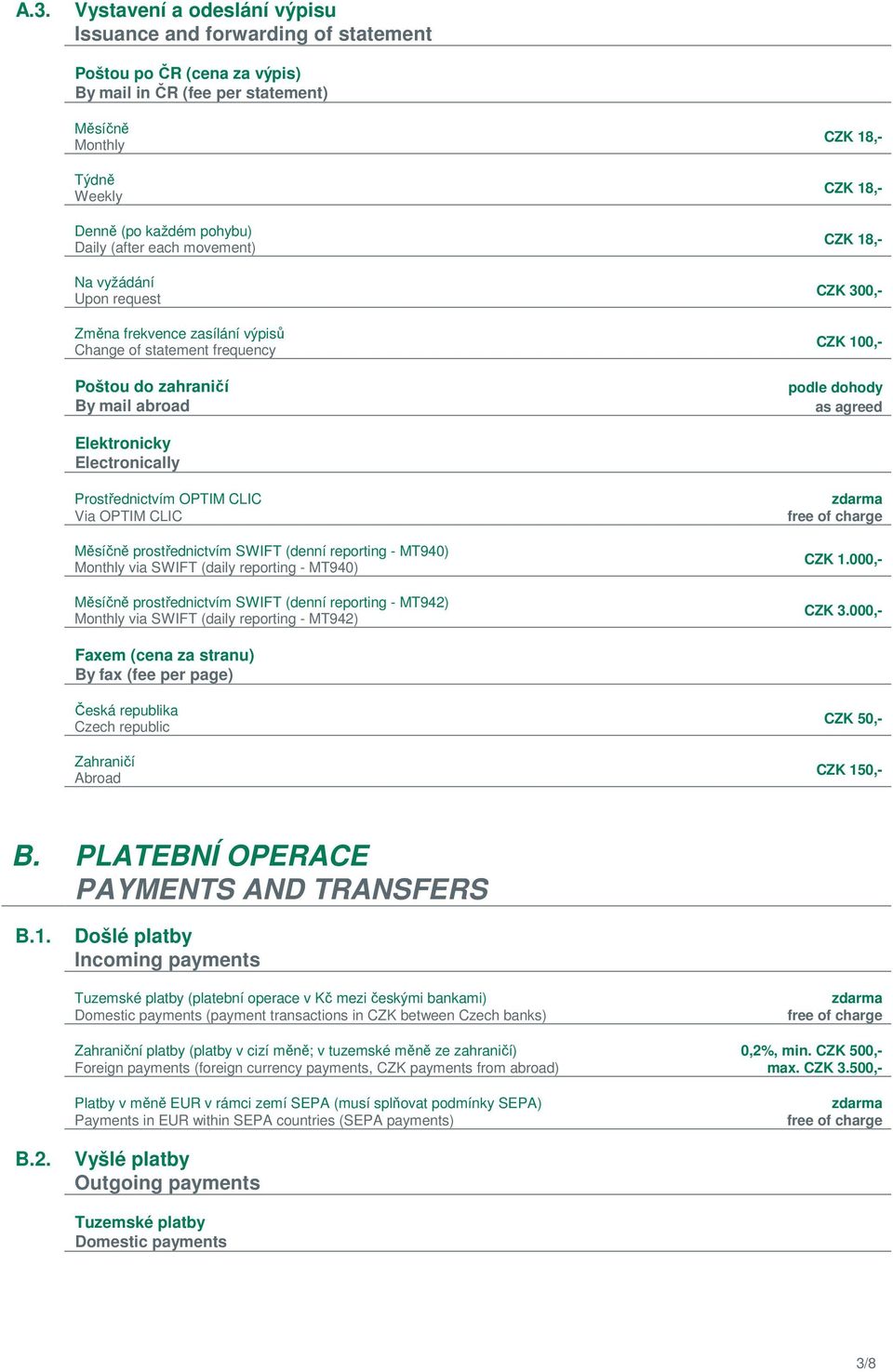 Electronically Prostřednictvím OPTIM CLIC Via OPTIM CLIC Měsíčně prostřednictvím SWIFT (denní reporting - MT940) Monthly via SWIFT (daily reporting - MT940) Měsíčně prostřednictvím SWIFT (denní