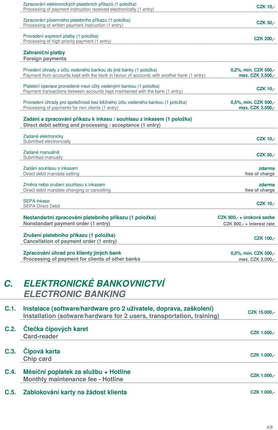 vedeného bankou do jiné banky (1 položka) 0,2%, min. Payment from accounts kept with the bank in favour of accounts with another bank (1 entry) max. CZK 3.