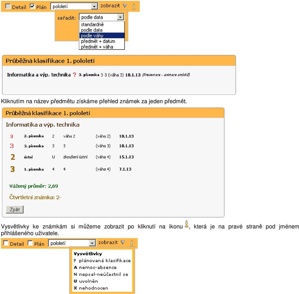 Vysvětlivky ke známkám si můžeme zobrazit po