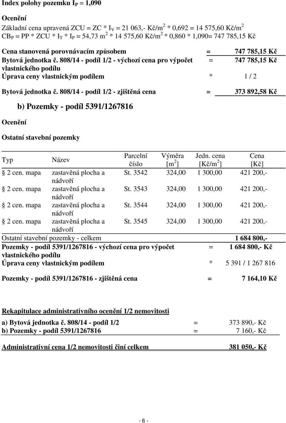 808/14 - podíl 1/2 - výchozí cena pro výpočet = 747 785,15 Kč vlastnického podílu Úprava ceny vlastnickým podílem * 1 / 2 Bytová jednotka č.