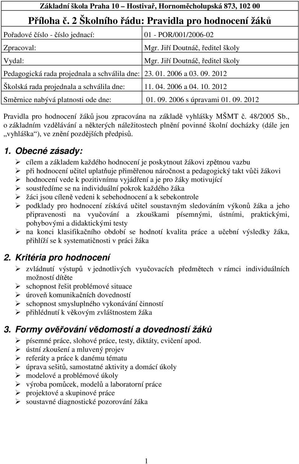 2012 Směrnice nabývá platnosti ode dne: 01. 09. 2006 s úpravami 01. 09. 2012 Pravidla pro hodnocení žáků jsou zpracována na základě vyhlášky MŠMT č. 48/2005 Sb.