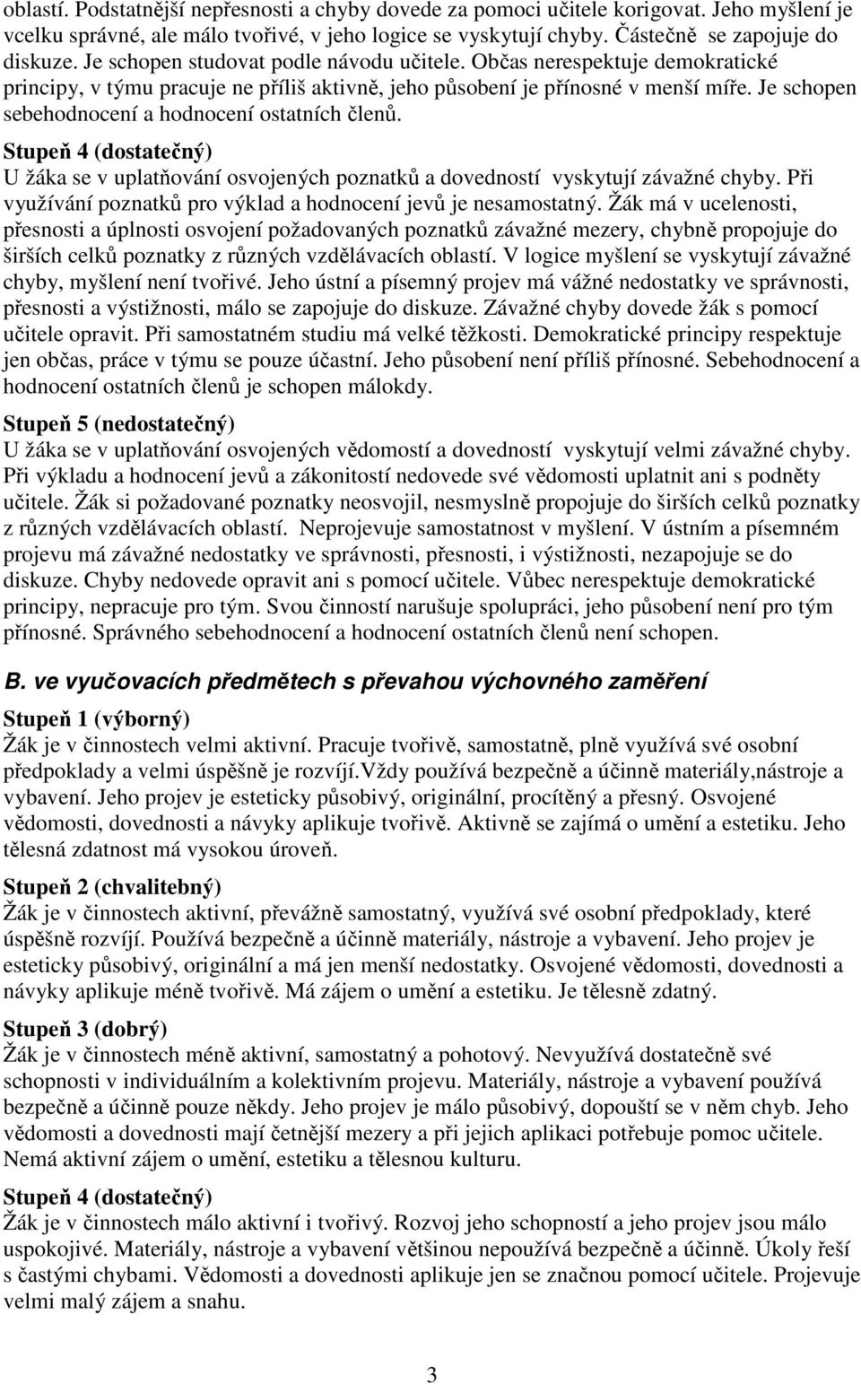 Je schopen sebehodnocení a hodnocení ostatních členů. Stupeň 4 (dostatečný) U žáka se v uplatňování osvojených poznatků a dovedností vyskytují závažné chyby.