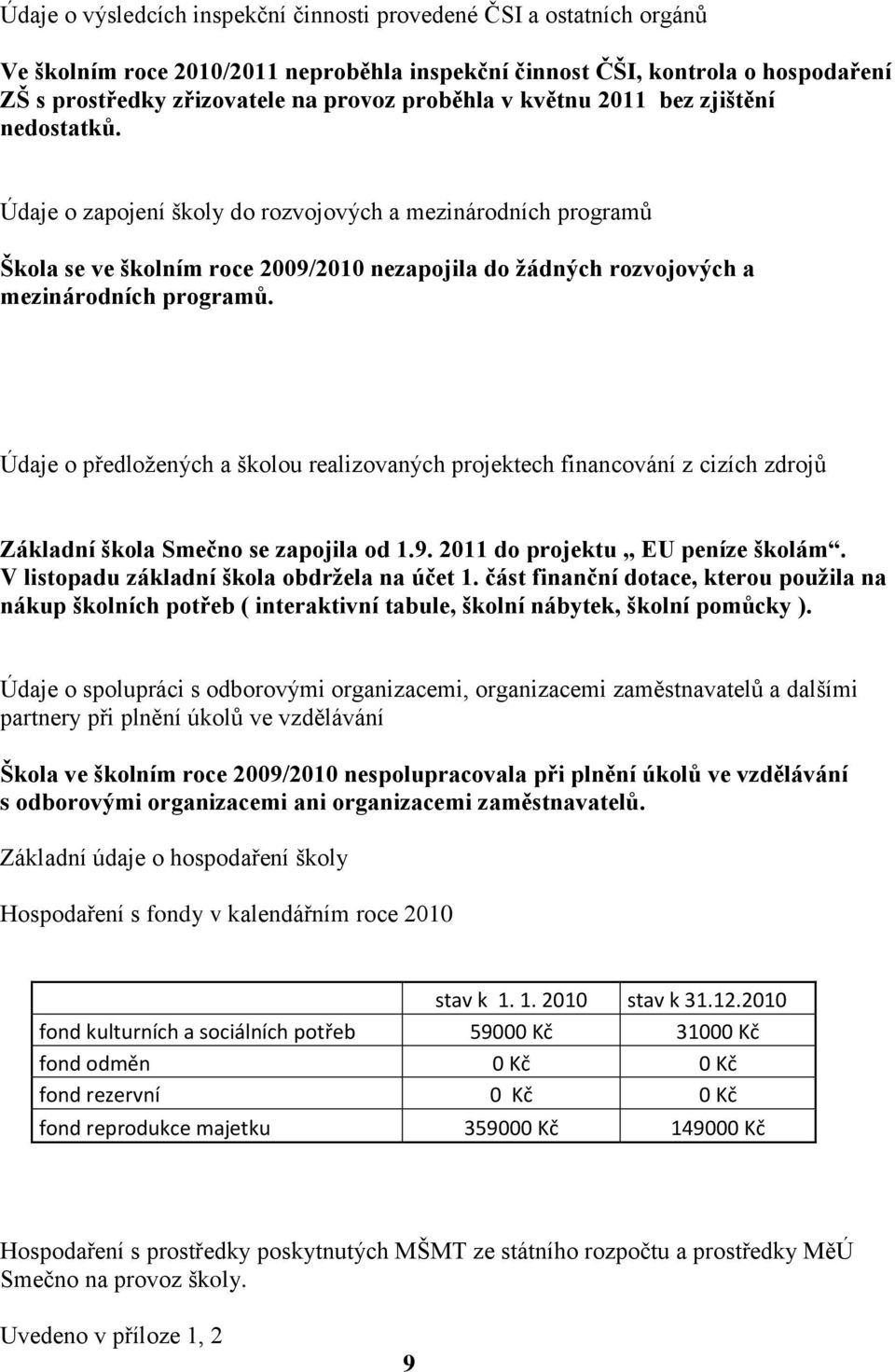 Údaje o zapojení školy do rozvojových a mezinárodních programů Škola se ve školním roce 2009/2010 nezapojila do žádných rozvojových a mezinárodních programů.