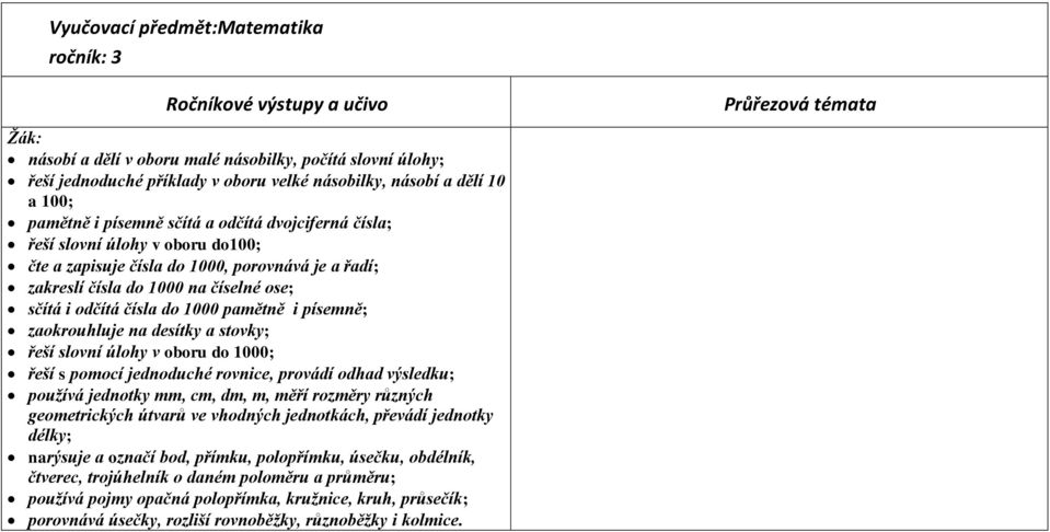zaokrouhluje na desítky a stovky; řeší slovní úlohy v oboru do 1000; řeší s pomocí jednoduché rovnice, provádí odhad výsledku; používá jednotky mm, cm, dm, m, měří rozměry různých geometrických