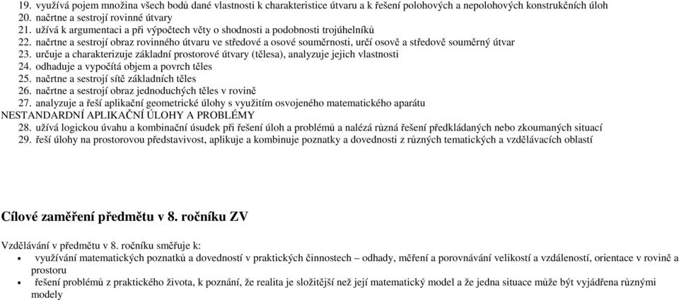 určuje a charakterizuje základní prostorové útvary (tělesa), analyzuje jejich vlastnosti 24. odhaduje a vypočítá objem a povrch těles 25. načrtne a sestrojí sítě základních těles 26.