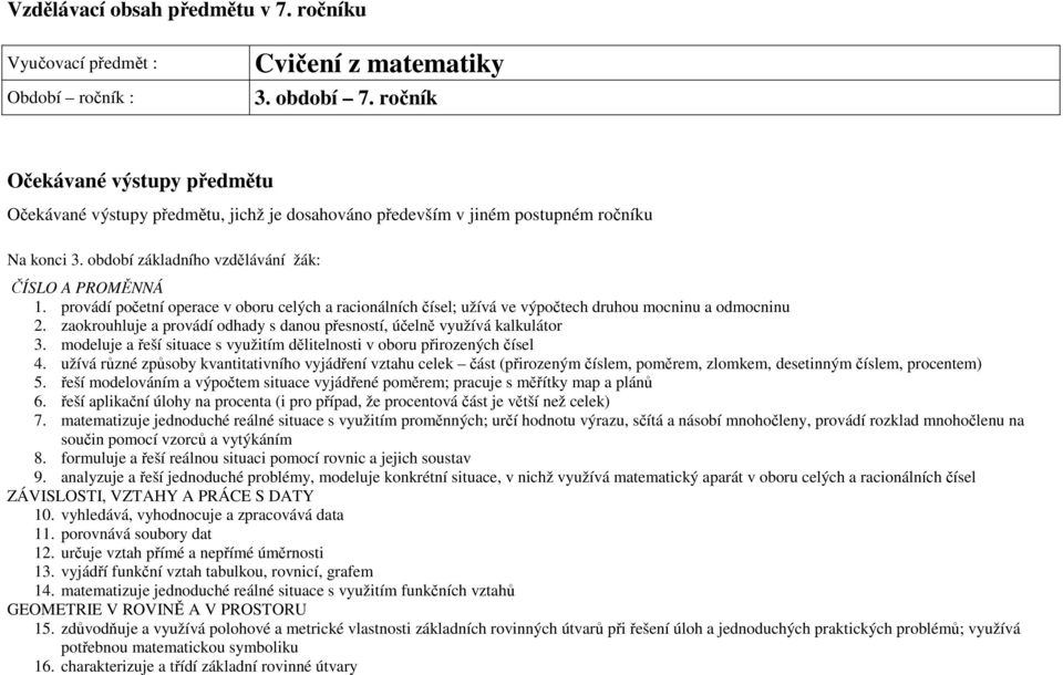 provádí početní operace v oboru celých a racionálních čísel; užívá ve výpočtech druhou mocninu a odmocninu 2. zaokrouhluje a provádí odhady s danou přesností, účelně využívá kalkulátor 3.