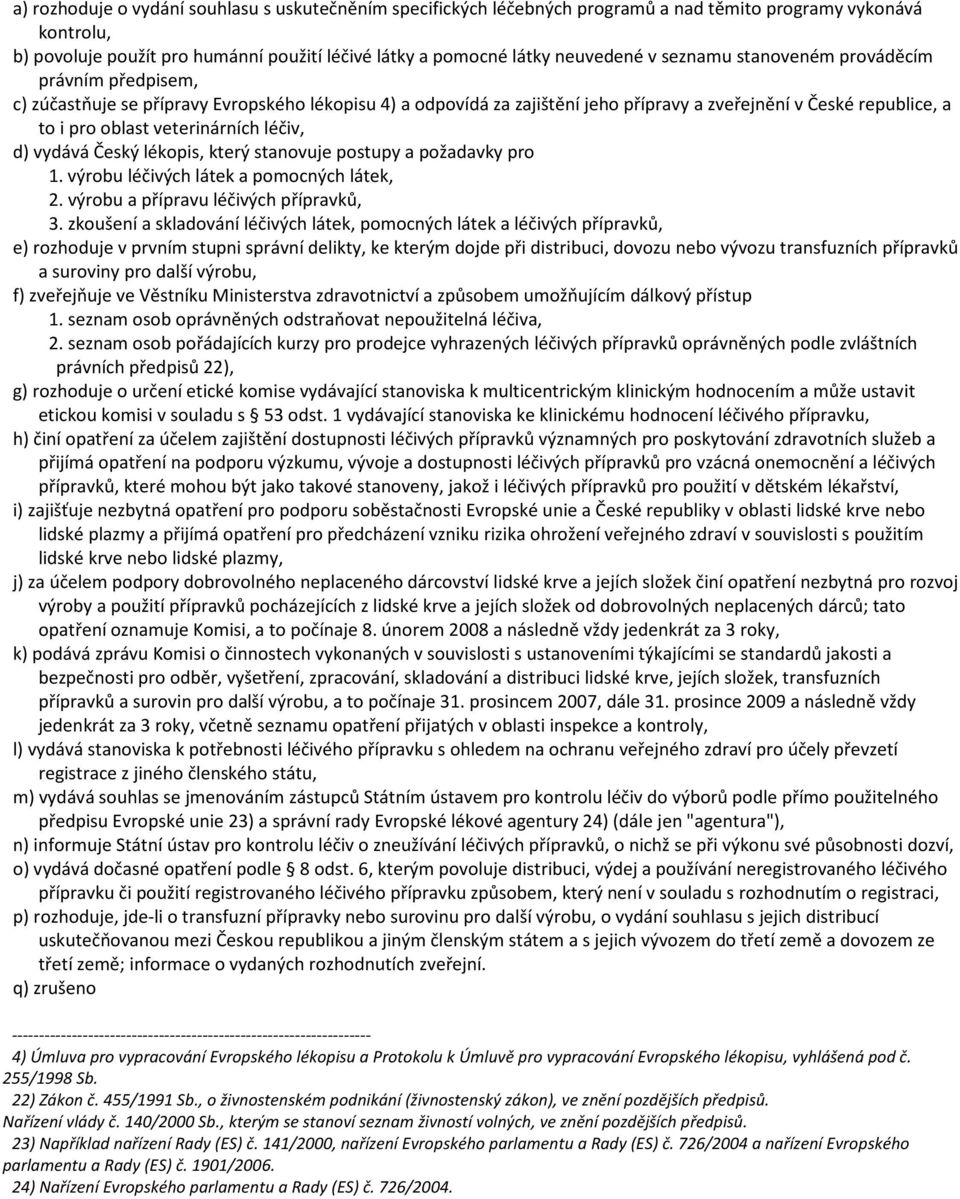 léčiv, d) vydává Český lékopis, který stanovuje postupy a požadavky pro 1. výrobu léčivých látek a pomocných látek, 2. výrobu a přípravu léčivých přípravků, 3.