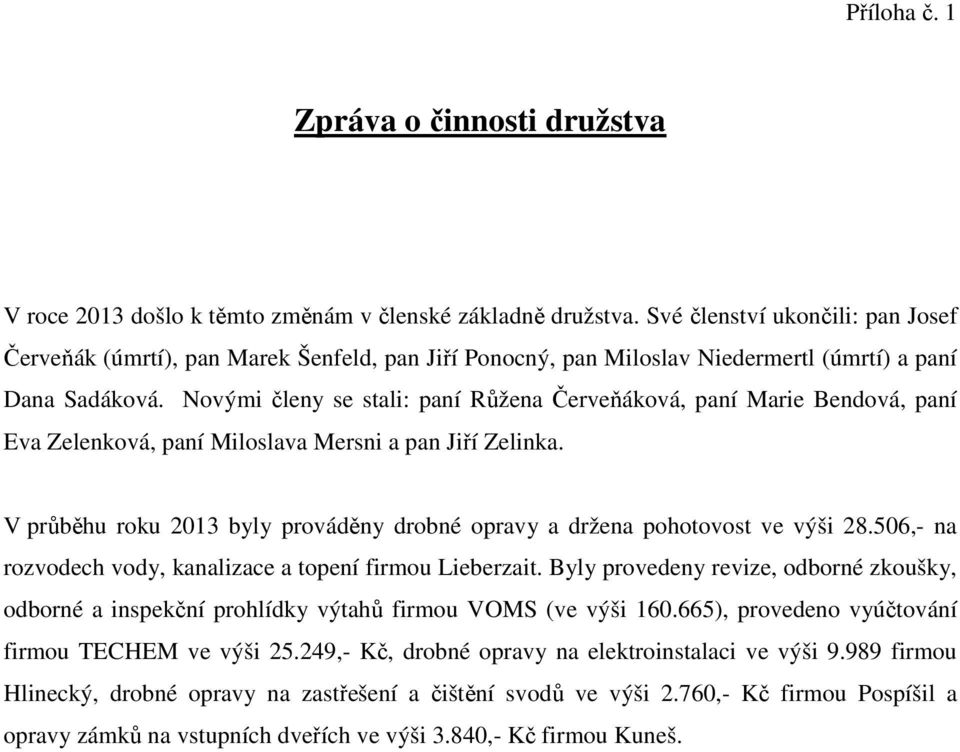 Novými členy se stali: paní Růžena Červeňáková, paní Marie Bendová, paní Eva Zelenková, paní Miloslava Mersni a pan Jiří Zelinka.