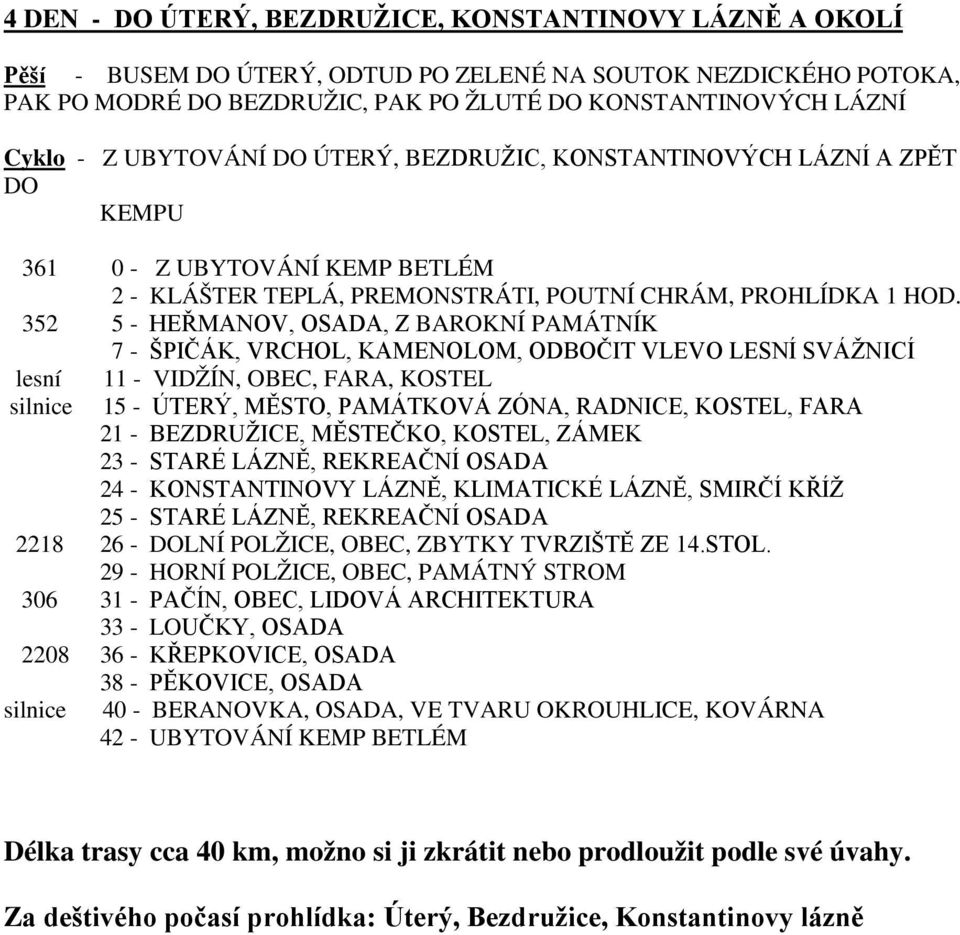 352 5 - HEŘMANOV, OSADA, Z BAROKNÍ PAMÁTNÍK 7 - ŠPIČÁK, VRCHOL, KAMENOLOM, ODBOČIT VLEVO LESNÍ SVÁŽNICÍ lesní 11 - VIDŽÍN, OBEC, FARA, KOSTEL silnice 15 - ÚTERÝ, MĚSTO, PAMÁTKOVÁ ZÓNA, RADNICE,