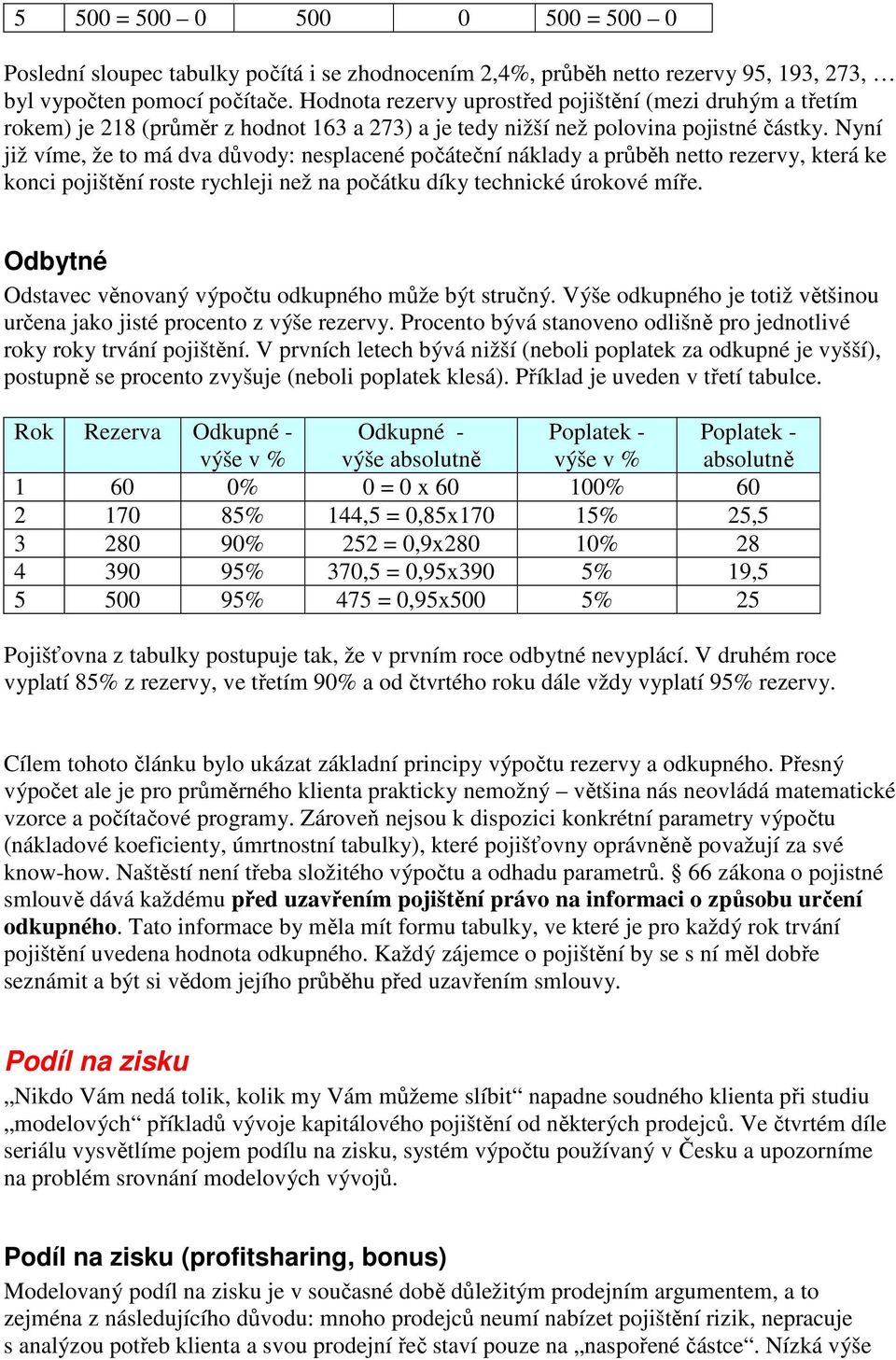 Nyní již víme, že to má dva důvody: nesplacené počáteční náklady a průběh netto rezervy, která ke konci pojištění roste rychleji než na počátku díky technické úrokové míře.