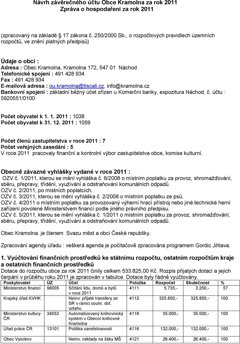 E-mailová adresa : ou.kramolna@tiscali.cz, info@kramolna.cz Bankovní spojení : základní běžný účet zřízen u Komerční banky, expozitura Náchod, č. účtu : 5920551/0100 Počet obyvatel k 1.