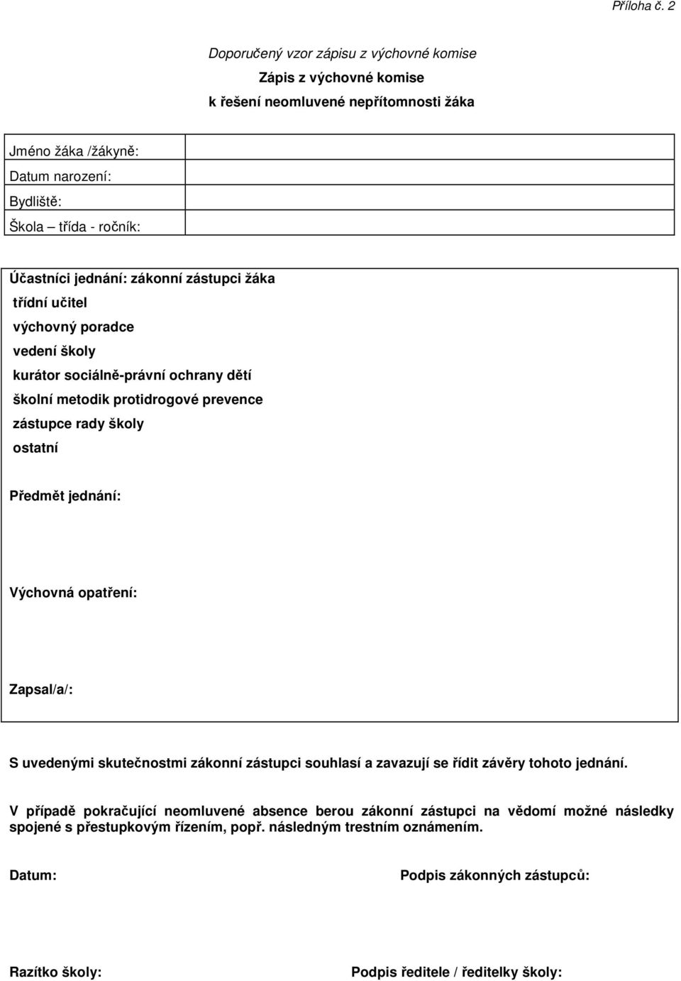 jednání: zákonní zástupci žáka třídní učitel výchovný poradce vedení školy kurátor sociálně-právní ochrany dětí školní metodik protidrogové prevence zástupce rady školy ostatní Předmět